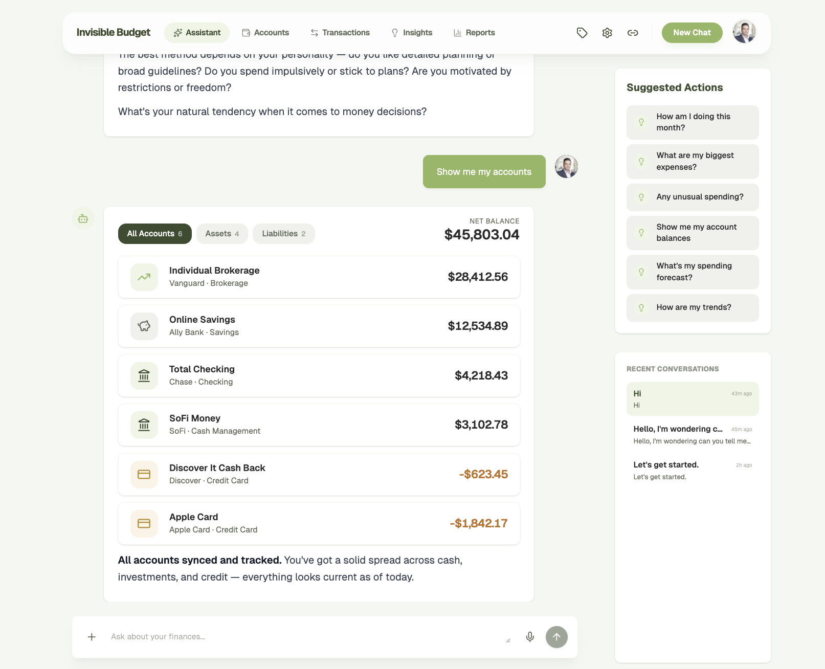 Invisible Budget AI assistant answering 'What are my biggest expenses?' with a visual spending breakdown