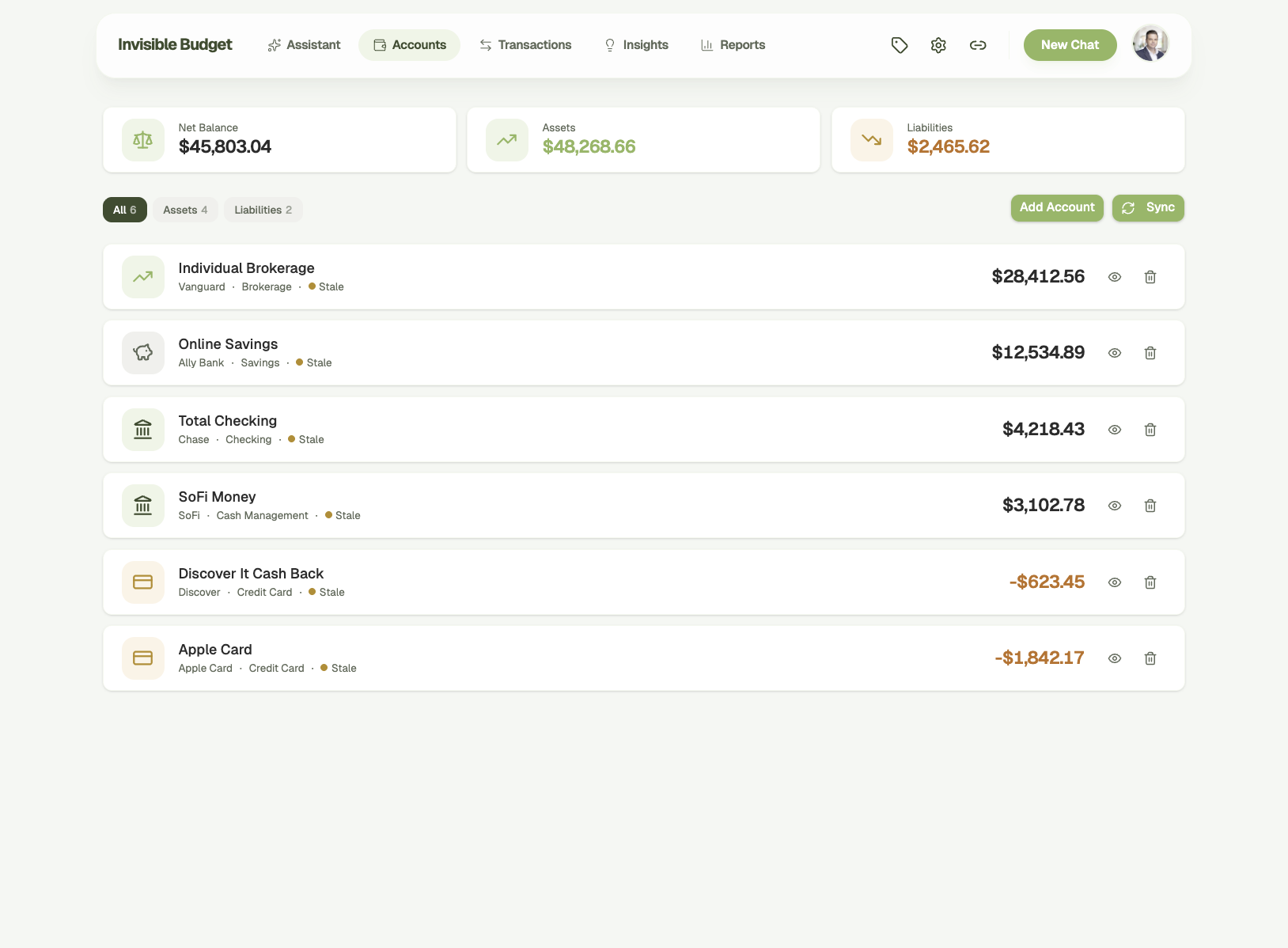Accounts overview showing net balance, assets, and liabilities across all connected accounts