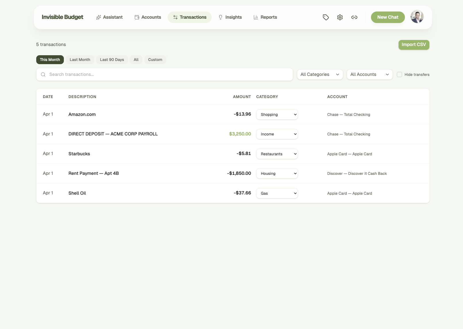 Transaction list with automatic categorization, search, and filtering