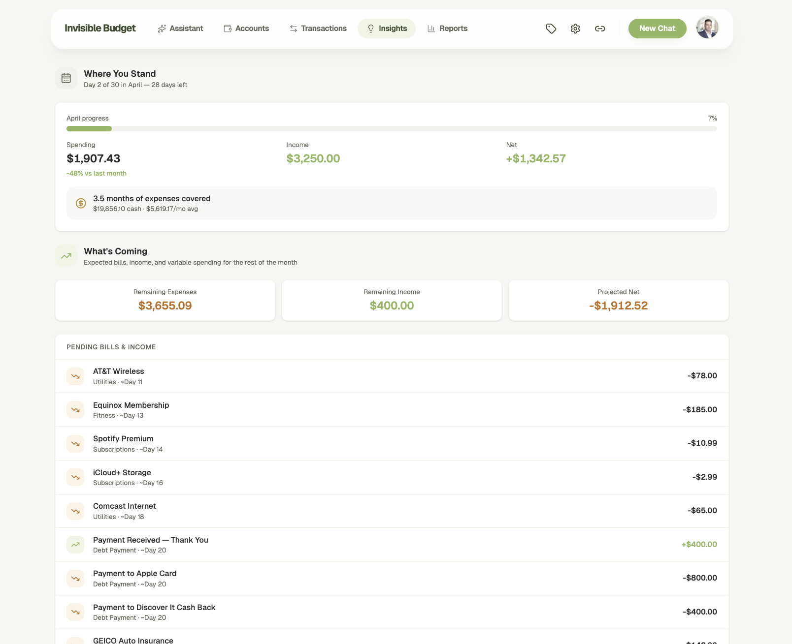 Monthly insights showing spending, income, cash runway, and upcoming bills forecast