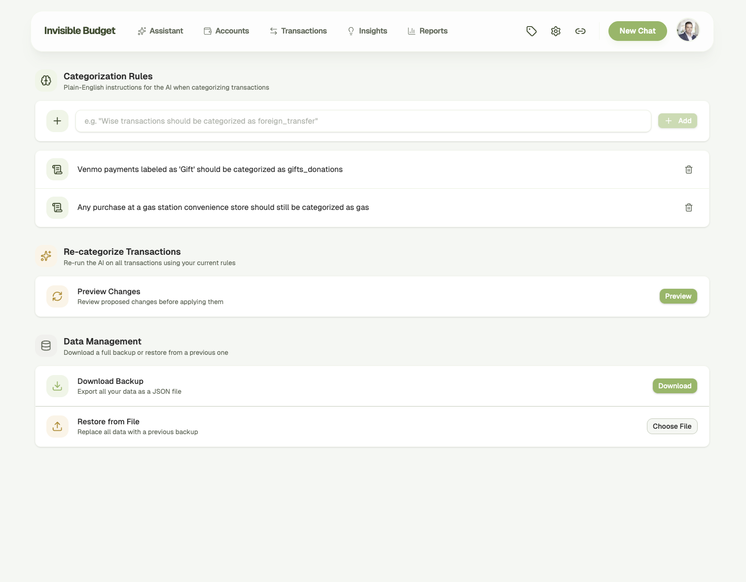 Categorization rules, AI re-categorization, and data management settings